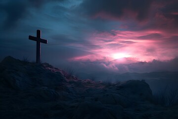 A cross silhouetted against a stunning pink and blue sunset