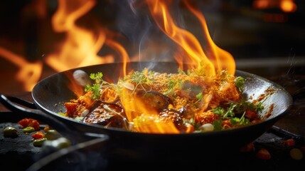 Cooking Asian stir-fry Sirloin with broccoli vegetables and various delicious traditional spices