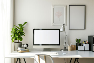 White Desk With Computer Monitor and Keyboard