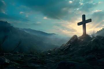A wooden cross on a rocky hillside, overlooking a misty mountainous valley - obrazy, fototapety, plakaty