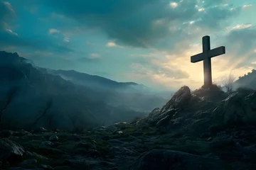 Fotobehang A wooden cross on a rocky hillside, overlooking a misty mountainous valley © Rax Qiu