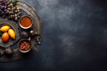 Top view image of decoration Ramadan Kareem background, hands picking up dates fruit, tea and rosary beads. Flat lay background with copy space - generative ai