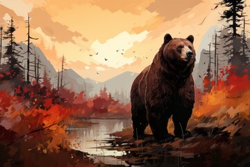 A brown bear standing by a river in a painting, surrounded by natural landscape