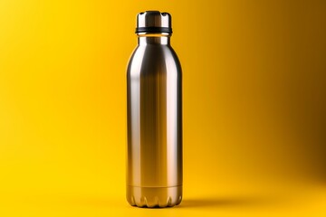 Stainless bottle water isolated bright yellow background