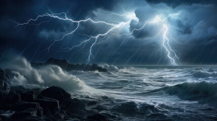 Lightning storm in the sea of violent waves - obrazy, fototapety, plakaty