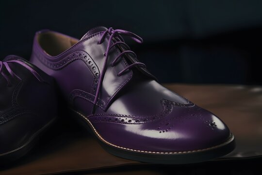 Close up of new classic derby shoes mix banner ads on purple background product photography, Fujifilm x-t 3, 50mm, f2