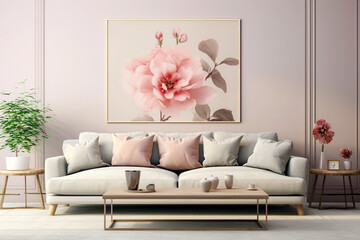 Large upholstered sofa with cushions with side occasional tables set against pale pink pink wall with large floral wall art frame interior design mock up