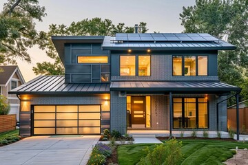 Contemporary home showcasing energy efficiency with roof-mounted solar panels and innovative storage battery solutions - obrazy, fototapety, plakaty