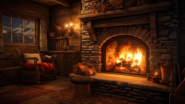 Digital illustration of a log cabin family room, with a heating fireplace in winter. Outdoor view from large glass windows.	
