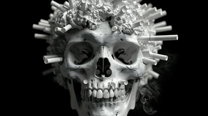 Skull surrounded by cigarettes, Danger of smoking world no smoking day concept background Ai image generative