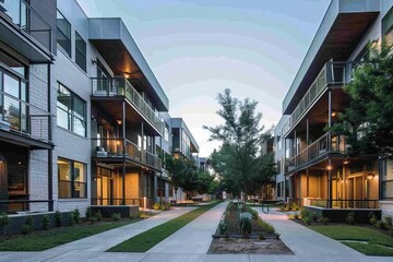 Contemporary urban living scene featuring a chic apartment complex in a bustling residential area Highlighting modern architecture and community lifestyle.