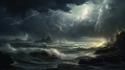 Lightning storm in the sea of violent waves