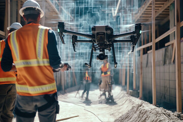 Drone at a construction site with 3d digital projection, augmented reality, artificial intelligence technology