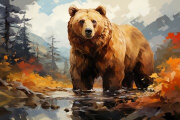 A Kodiak bear in the water of a natural landscape painting