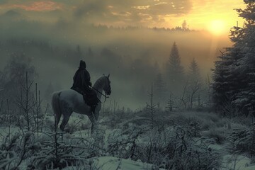 horse in the fog in sunset