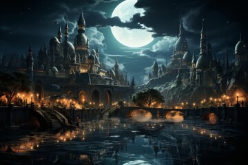 A bridge over the dark river, with a castle silhouette against the moonlit sky - Powered by Adobe