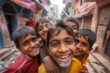 A group of boys on the street in India, smile and laugh to the camera, wide angle close up - Powered by Adobe