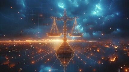 Scales of Justice in Digital World Concept. Digital illustration Scales on futuristic blue data network background Ai image generative - obrazy, fototapety, plakaty