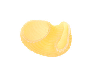 One piece of raw horns pasta isolated on white