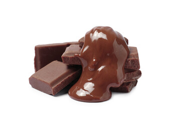 Pieces of milk chocolate with tasty paste isolated on white