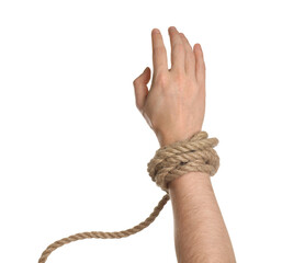 Freedom concept. Man with tied rope on his hand against white background, closeup