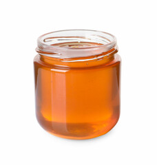 Tasty natural honey in glass jar isolated on white