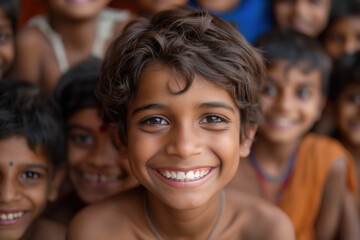 A group of boys on the street in India, smile and laugh to the camera, wide angle close up