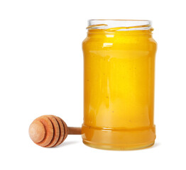 Tasty natural honey in glass jar and dipper isolated on white