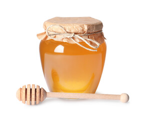 Tasty natural honey in glass jar and dipper isolated on white
