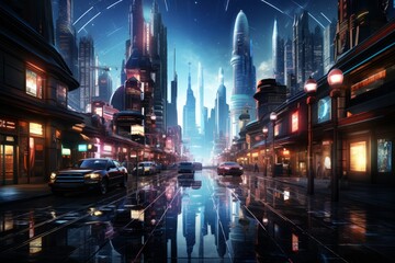 a futuristic city at night with cars driving down a wet street