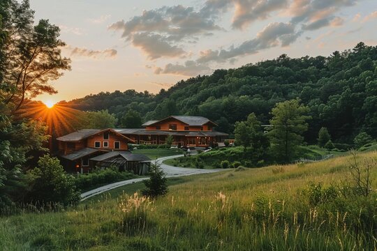 Digital detox retreat in a secluded natural setting Focusing on mindfulness Yoga And disconnecting from technology for mental well-being.