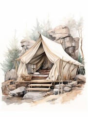 An artwork depicting a tent in a rocky landscape, painted with watercolors