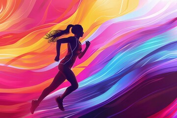 Fototapeta na wymiar Dynamic illustration of a female runner sprinting with vibrant energy against an abstract Colorful background.
