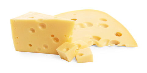 Cut fresh delicious cheese isolated on white