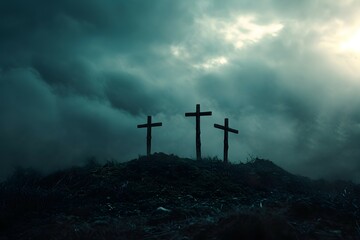 Multiple crosses on a dark hill under a brooding stormy sky - obrazy, fototapety, plakaty