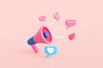 3D rendered illustration of Valentine's day concept and social media love with megaphone and bubbles with blank text. For decorating backdrops for online social media.