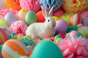 Fototapeta na wymiar Easter celebration with a whimsical bunny surrounded by a vibrant collection of easter eggs in a joyful Festive setting.