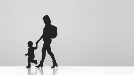 Concept of mother and child holding hands walking on white background.