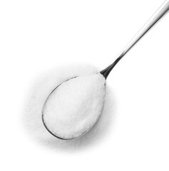 Spoon with granulated sugar isolated on white, top view