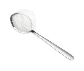 Spoon with granulated sugar isolated on white, top view