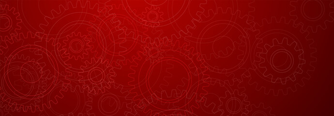 Abstract illustration with a pattern of large and small gears, in white colors on a red background
