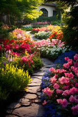 Victorian-Style Flower Garden with Vibrant Colors and Charming Bird Bath Centerpiece