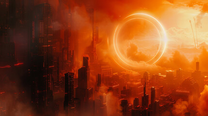 A sci-fi style design of a futuristic city with a giant portal in the sky