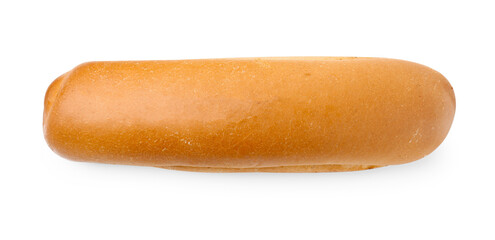 One fresh hot dog bun isolated on white, top view