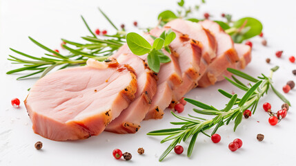 An appetizing image of grilled chicken breast, garnished with fresh herbs. The white background highlights the food presentation and the tender meat.