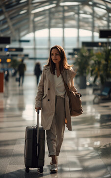 a woman walking in an airport with a trolley, air travel concept