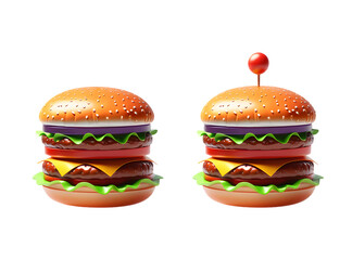Ícone 3d alimentício, comida rápida - Hambúrgueres de plástico com queijo, alface, tomate, cebola e pão com gergelim, isolados em fundo transparente.