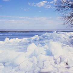 Ice Floes Rafted Onto Shore Of Mille Lacs Lake In Northern Minnesota