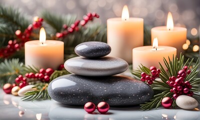 spa stones with candles, Christmas theme