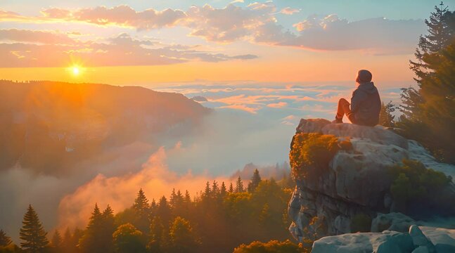 Person Sitting on Mountain Cliff
